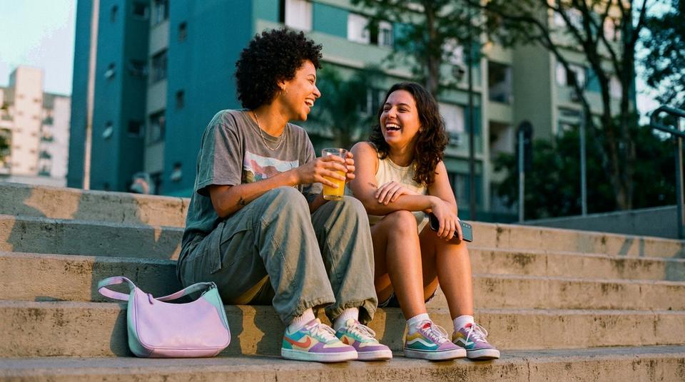 Duas pessoas jovens rindo sentadas numa escadaria urbana no fim de tarde, uma segurando um copo de suco e a outra o celular voltado para baixo, com uma bolsa lilás ao lado.