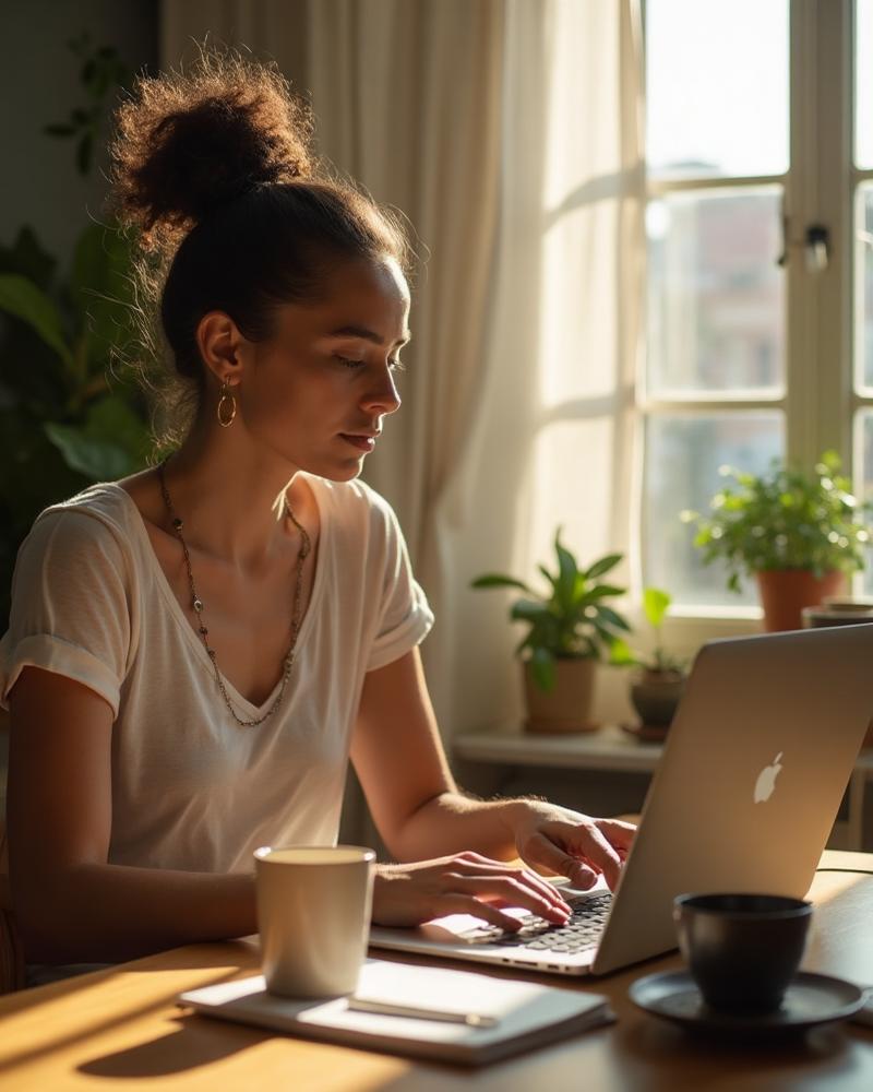 Mulher trabalhando no notebook à mesa de casa, perto da janela