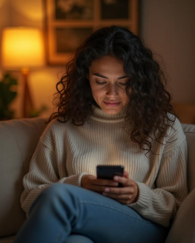 Mulher sentada no sofá mexendo no celular à noite