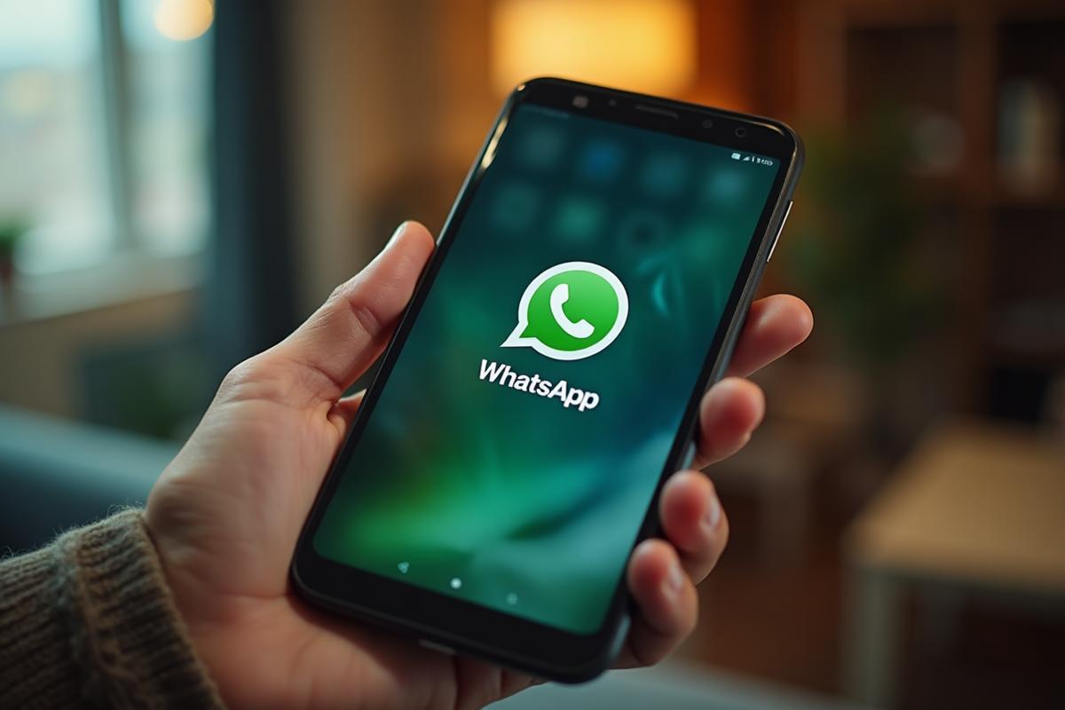 Mão segurando um celular com o WhatsApp aberto na tela
